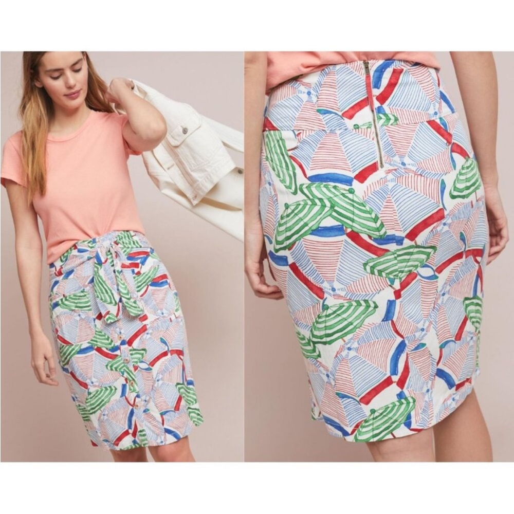 Anthropologie 43 of 52 Conversations umbrella, print tie waist pencil dress US 4